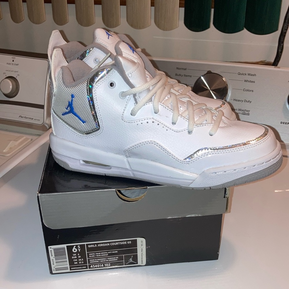 Jordan White with Blue Accent Girls' Sneakers